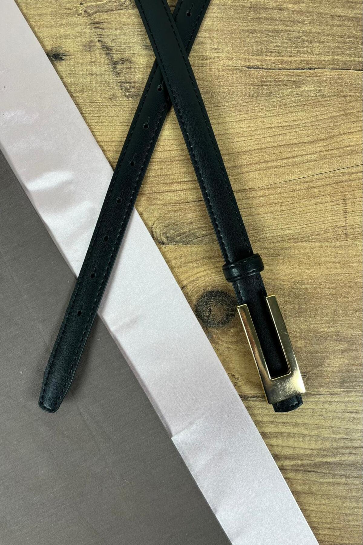 Hakiki Deri Kadın Kemer Siyah Gold U Tokalı 2 cm Genişlik Dikişli Bombeli Elbise Uyumlu